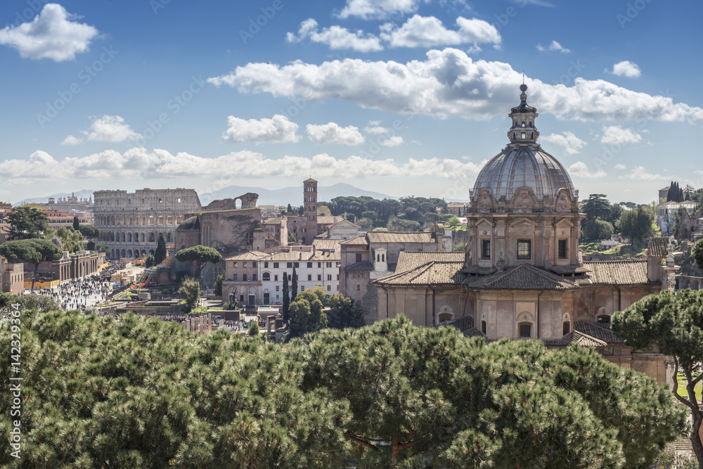 Rome cityscape with coliseum and roman forum