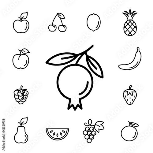 pomegranat garnet fruit with leaf line icons set black on white