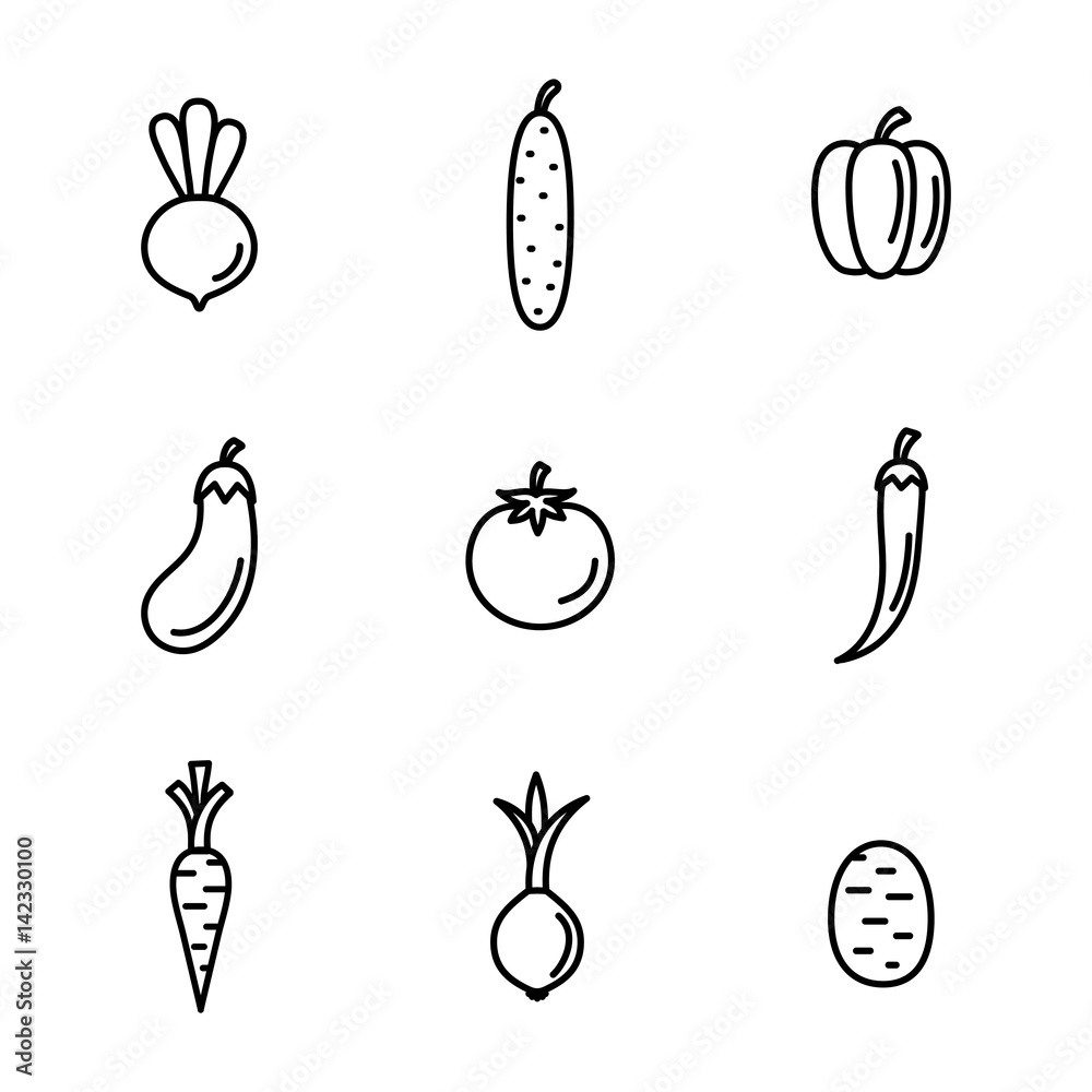 Fotografie vegetables vegan line icons set