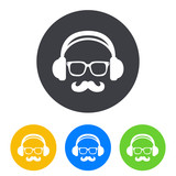 Icono plano auriculares con gafas y bigote en circulo varios colores