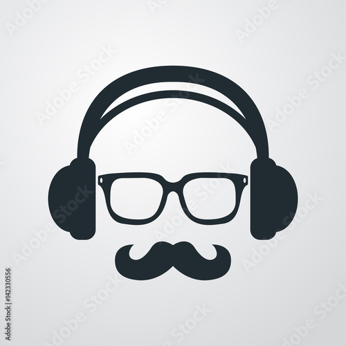 Icono plano auriculares con gafas y bigote en fondo degradado