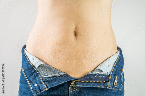 woman with Belly pattern blue jeans 