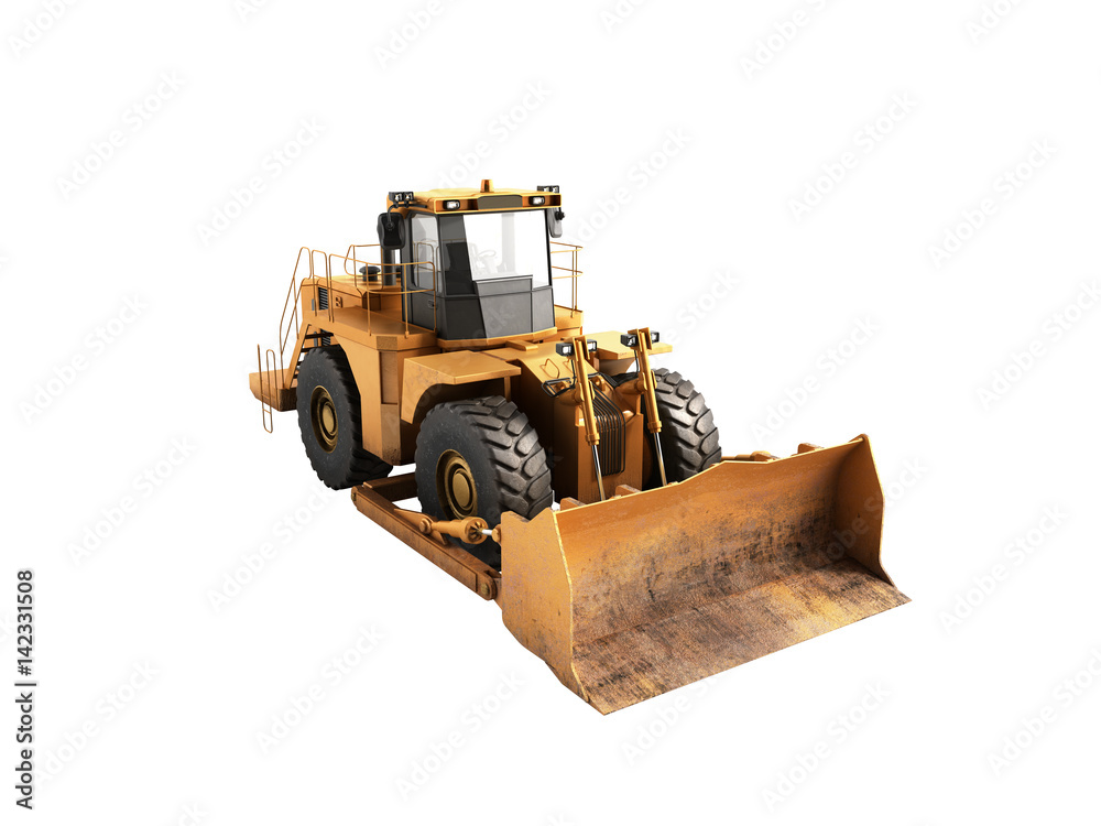 Fototapeta premium Yellow wheels Bulldozer 3d render no shadow