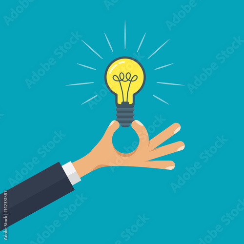Hand holding lightbulb. Electric lamp flat style business creative idea concept illustration on blue background.