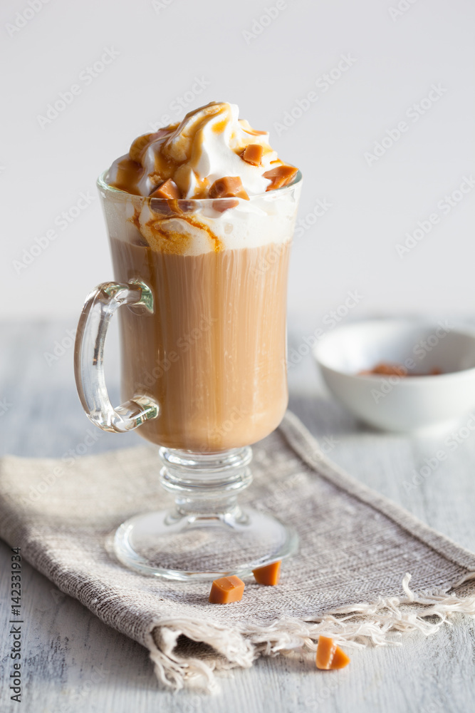 latte with whiped cream and caramel latte with whiped cream and caramel