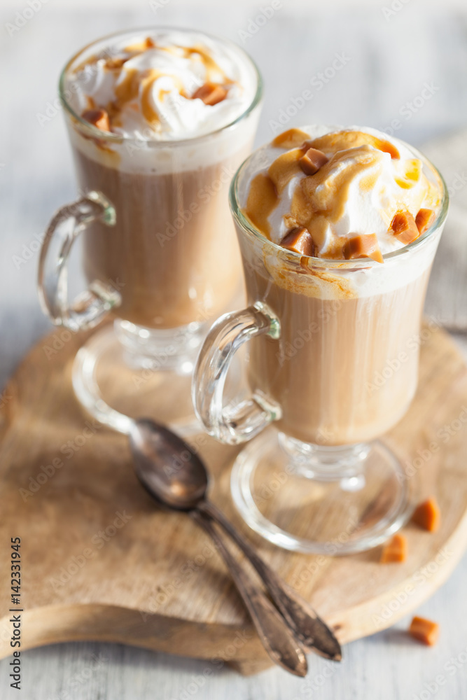 latte with whiped cream and caramel latte with whiped cream and caramel