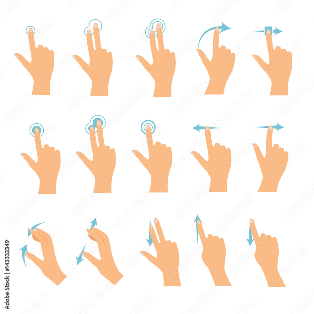 Hand icons showing commonly used multi-touch gestures for touchscreen tablets or smartphones. Flat design modern vector business concept. Hand icons showing commonly used multi-touch gestures for touchscreen tablets or smartphones. Flat design modern vector business concept.