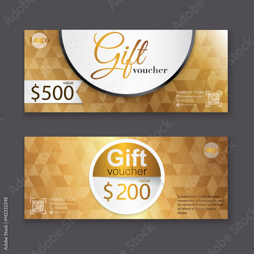 Gift voucher template with gold pattern, certificate. Background design coupon, invitation, currency. Vector illustration.