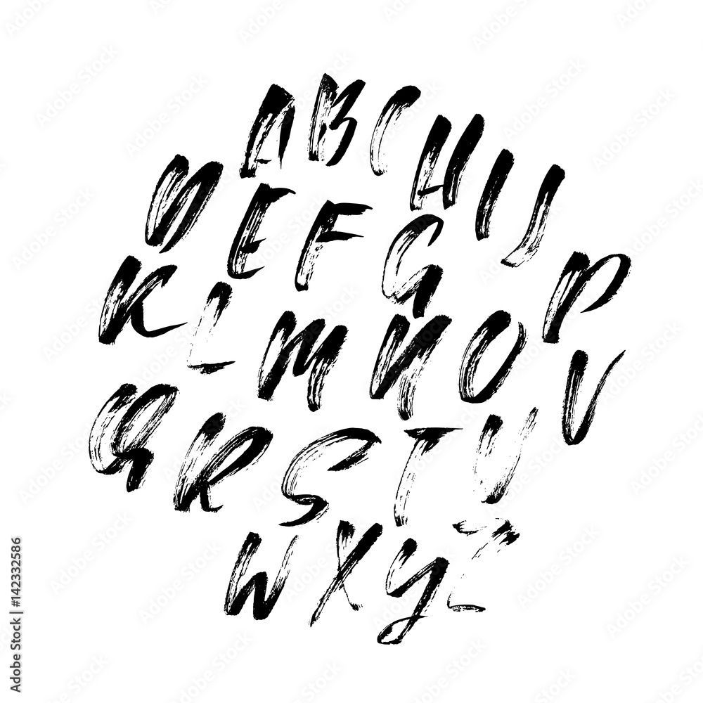 Hand drawn font made by dry brush strokes. Modern brush lettering. Grunge style alphabet. Vector illustration.