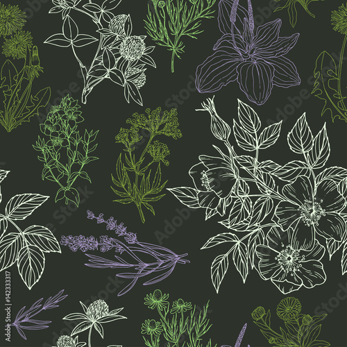 Color vector seamless pattern in green and purple colors, dark background