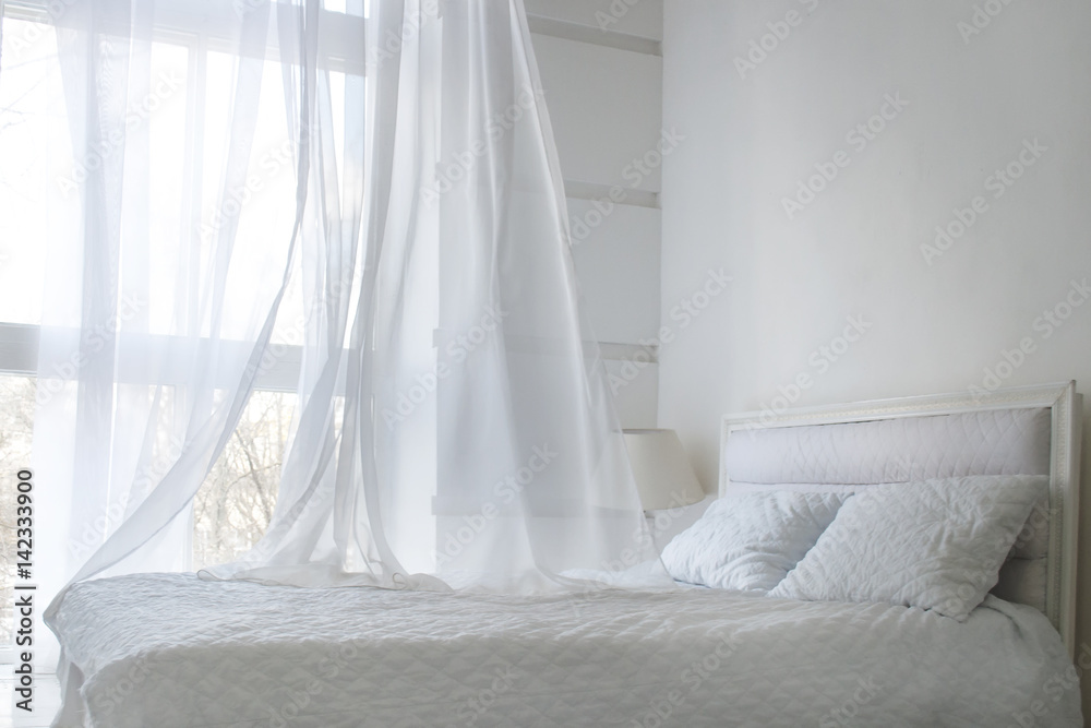 White themed bed sheets and white curtain in the morning, bedroom interior White themed bed sheets and white curtain in the morning, bedroom interior