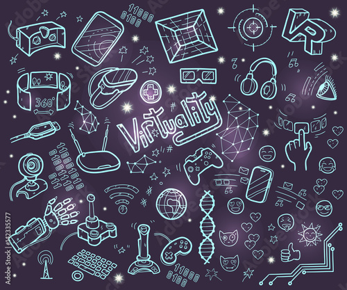 Doodle vector collection of virtual reality and innovative techn