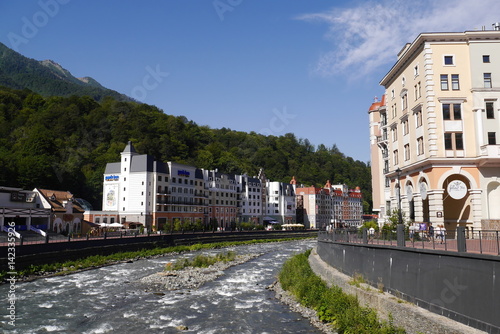 Mzymta River and hotel buildings. Rosa Khutor, Russia