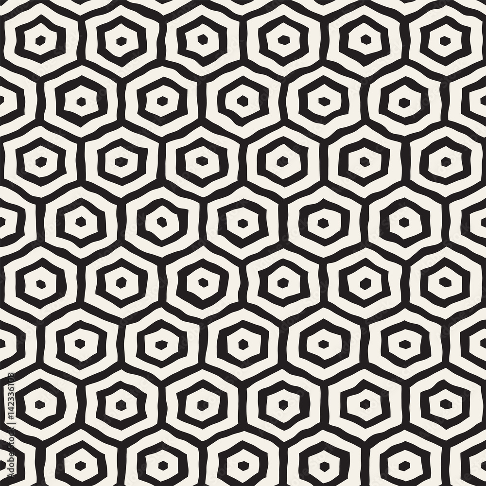 Seamless black and white pattern with hexagon lattice. Creative monochrome hand drawn honeycomb background. Seamless black and white pattern with hexagon lattice. Creative monochrome hand drawn honeycomb background.