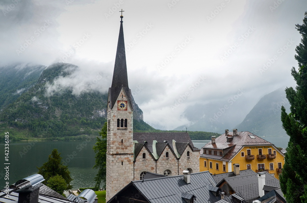 the view on Lutheran Church, Hallstatt village in the Austrian Alps at Salzkammergut region, Austria