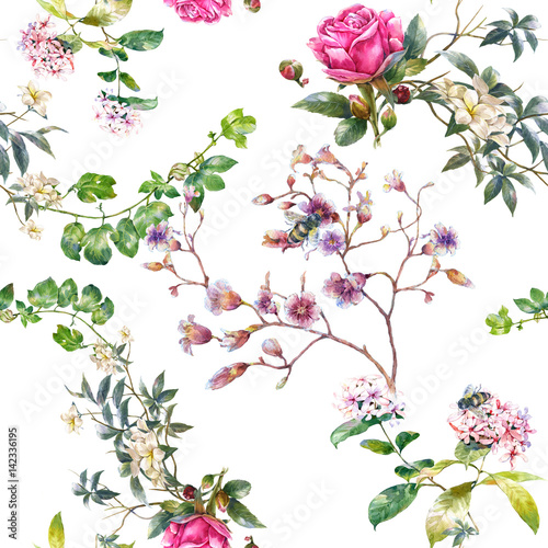 Wallpaper Mural Watercolor painting of leaf and flowers, seamless pattern on white background Torontodigital.ca