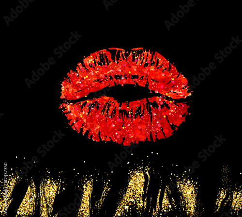 Grunge dirty brushes of mascara for eyes. Vector Kiss imprint with shimmer glitters and lights.
