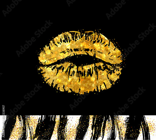 Grunge dirty brushes of mascara for eyes. Vector Kiss imprint with shimmer glitters and lights.
