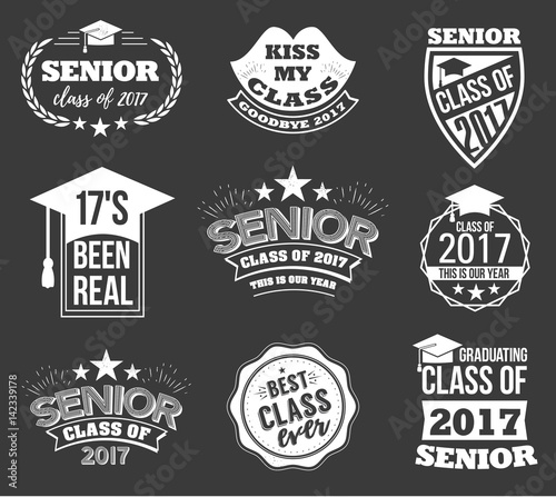 Collection of logo badges and labels for graduating class