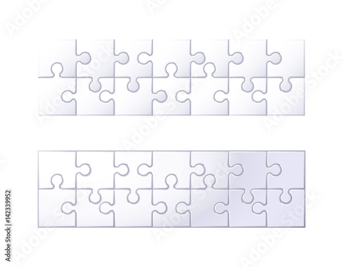 14 puzzle pieces are assembled in the rectangle. Vector illustration.