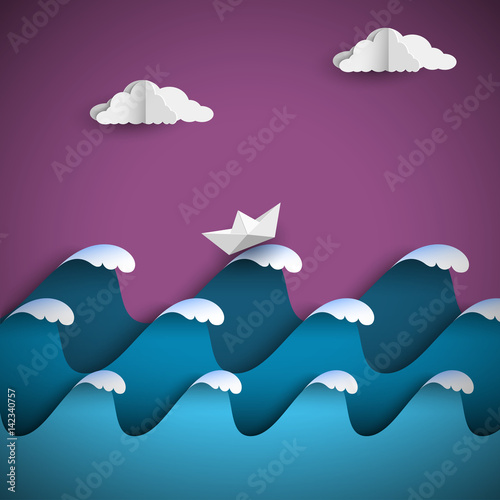 Origami paper waves with clouds and ship