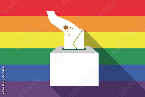 Long shadow gay pride flag with  a hand inserting an envelope in a ballot box