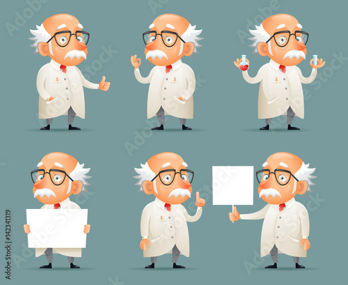 Old Scientist Character Icons Set Retro Cartoon Design Mobile Game Vector Illustration