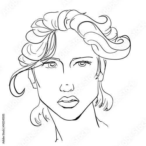 Hand-drawn graphics fashion portrait with beautiful young woman, inviting girl, top model.