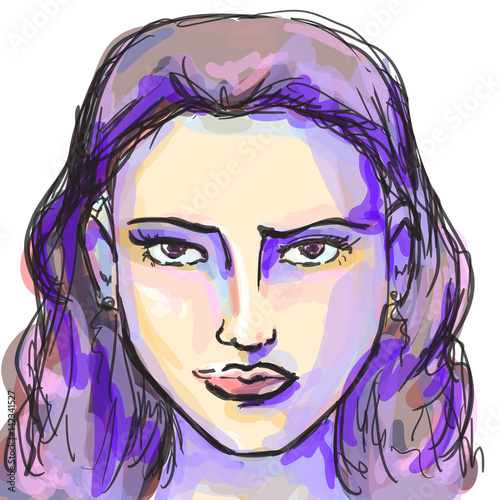 Hand-drawn graphics fashion portrait with beautiful young woman, inviting girl, top model.