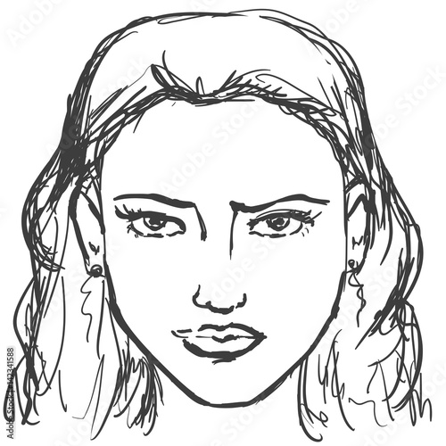 Hand-drawn graphics fashion portrait with beautiful young woman, inviting girl, top model.