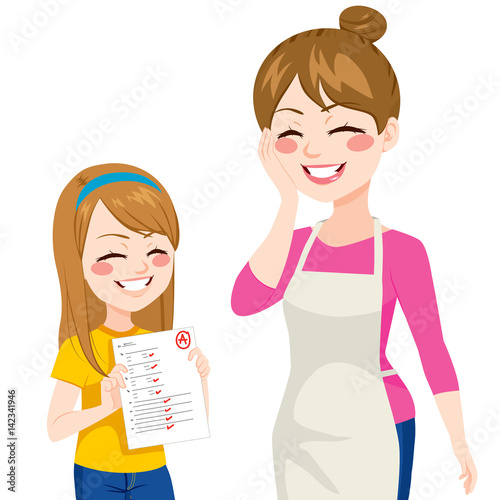 Beautiful child girl showing her happy mother good school grades