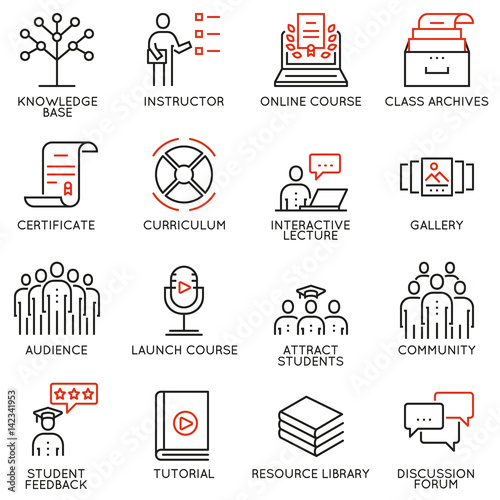 Vector set of 16 icons related to business education, training, career progress and refresher course. Mono line pictograms and infographics design elements