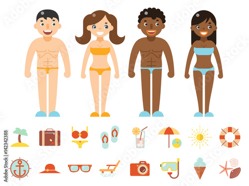 Summer vacation male female characters color beach resort accessorize vector symbols icon flat design template illustration