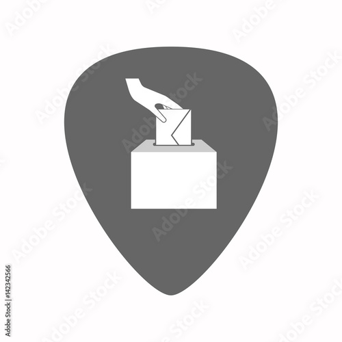 Isolated guitar plectrum with  a hand inserting an envelope in a ballot box