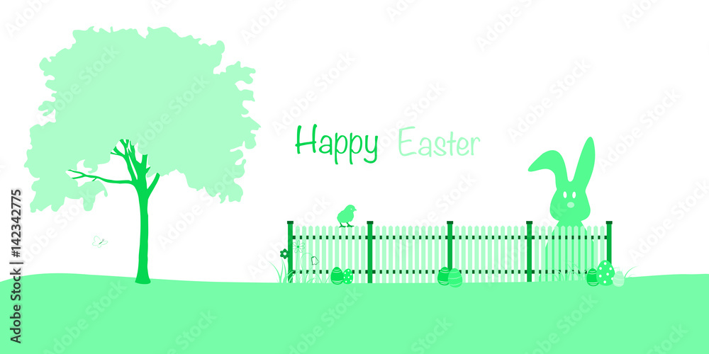 Happy Easter. Rabbit and biddy with fence and Easter eggs in green landscape.