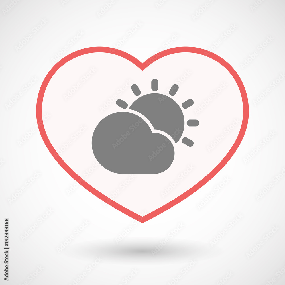 Isolated line art heart with  the Sun shining behind a cloud