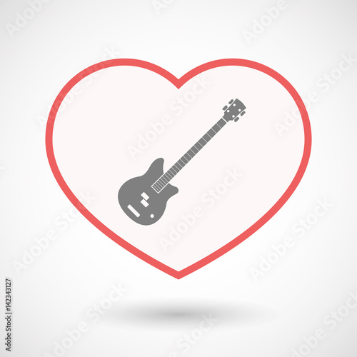 Isolated line art heart with  a four string electric bass guitar
