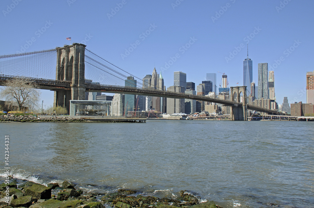 Panoramic view of Manhattan skyline from Brooklyn Bridge, New York City