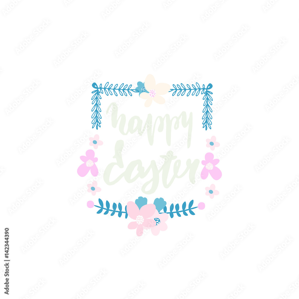 Hello Easter. Decorative floral frame isolated on white. Greeting background.Vector Illustration