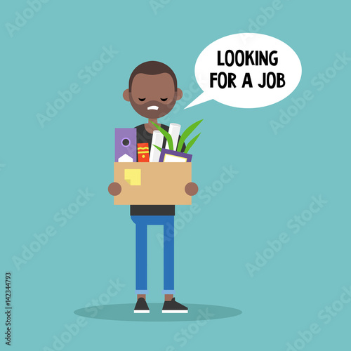 Young fired black man holding a box full of office stationery goods / flat editable vector illustration, clip art