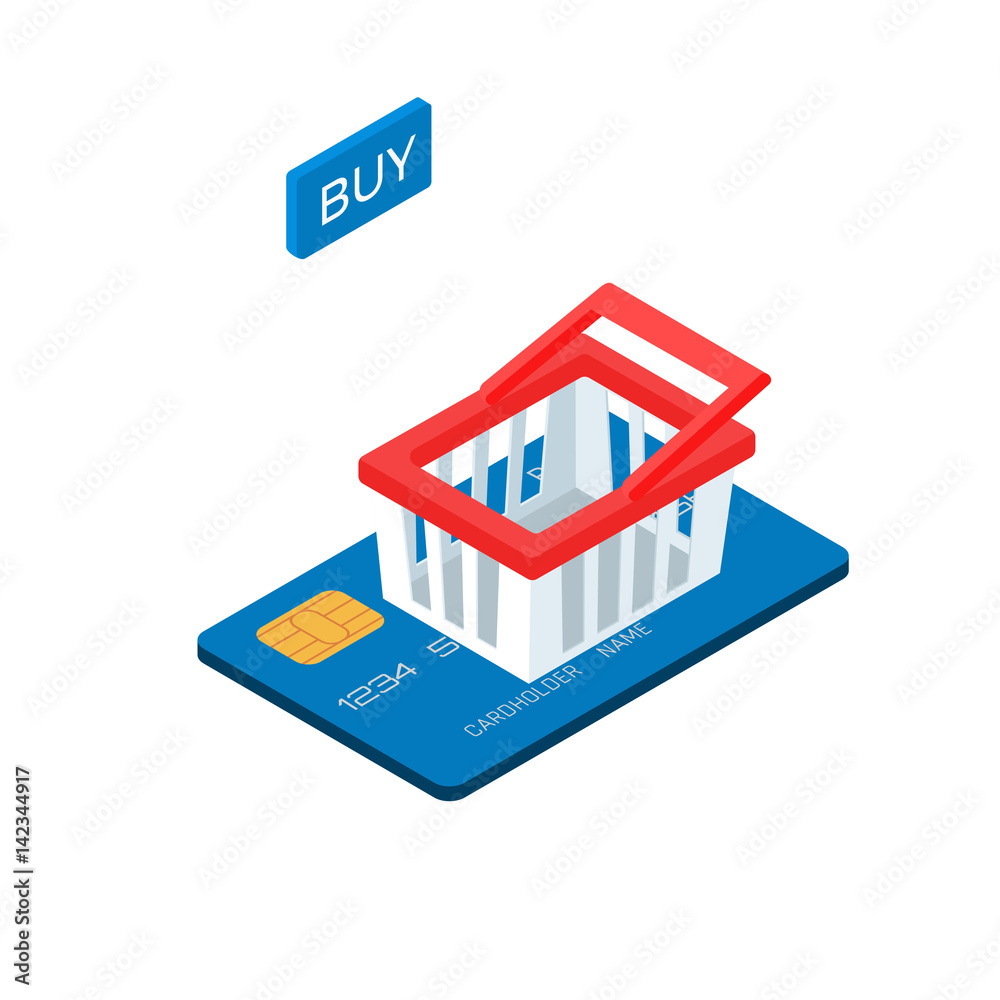 Shopping cart on credit card flat 3d isometric e-commerce business concept.