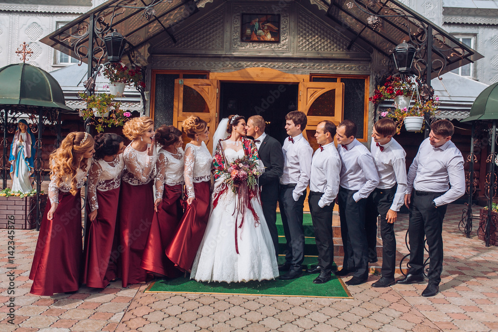 custom made wallpaper toronto digitalbride and groom newlyweds with happy groomsmans and bridesmaids posing at church after luxury wedding ceremony