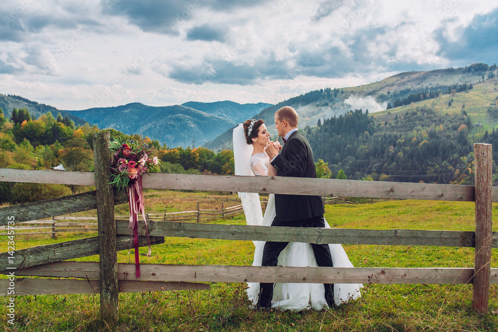 Bride and groom on gorgeous view of mountains,country road, sky, clouds on sunset. Newlyweds are after wedding ceremony. Bride is dressed in classic white wedding dress and bridal veil. Bride and groom on gorgeous view of mountains,country road, sky, clouds on sunset. Newlyweds are after wedding ceremony. Bride is dressed in classic white wedding dress and bridal veil.