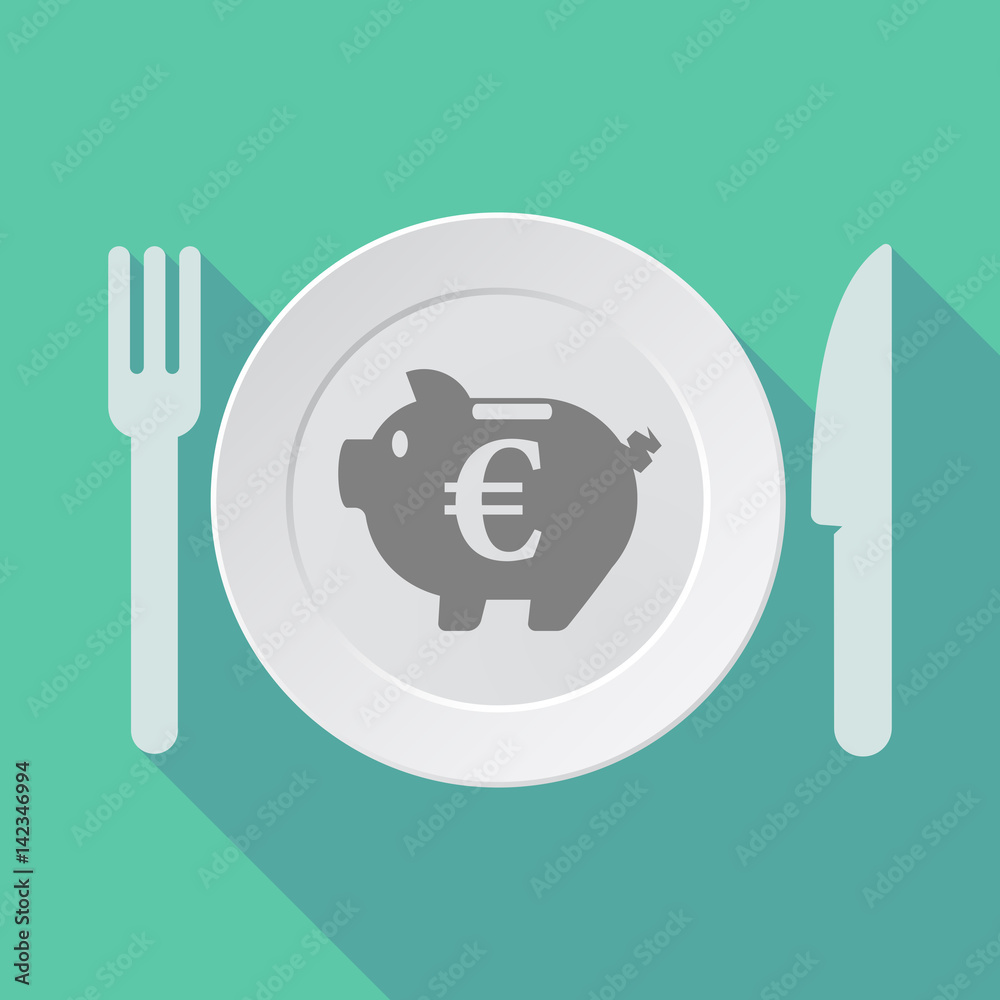 Long shadow tableware with an euro coin in a piggy bank moneybox Long shadow tableware with an euro coin in a piggy bank moneybox
