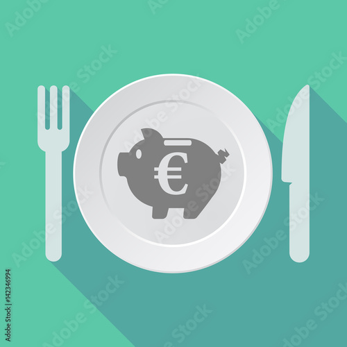 Long shadow tableware with an euro coin in a piggy bank moneybox