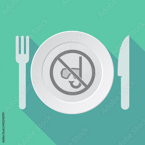 Long shadow tableware with  a diving glasses and a snorkel  in a not allowed signal