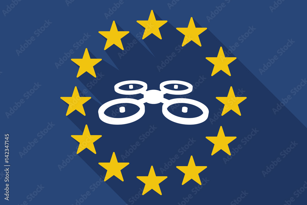 Long shadow EU flag with a quadcopter drone Long shadow EU flag with a quadcopter drone