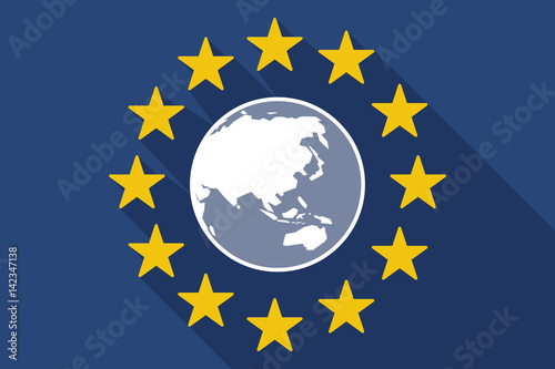 Long shadow EU flag with an Asia Pacific world globe map