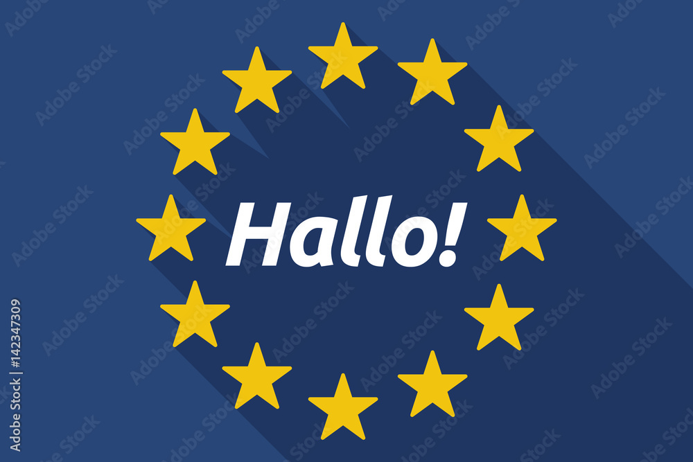 Long shadow EU flag with  the text Hello! in the German language