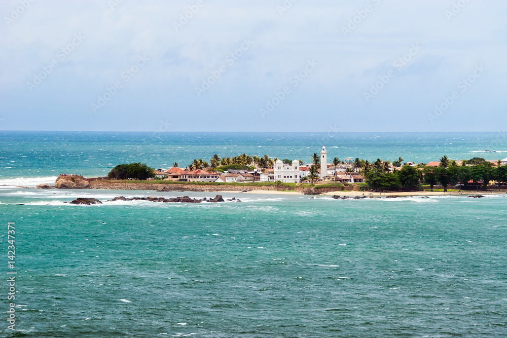Galle Fort in sunny day, view from World Peace Pagoda in Unawatuna